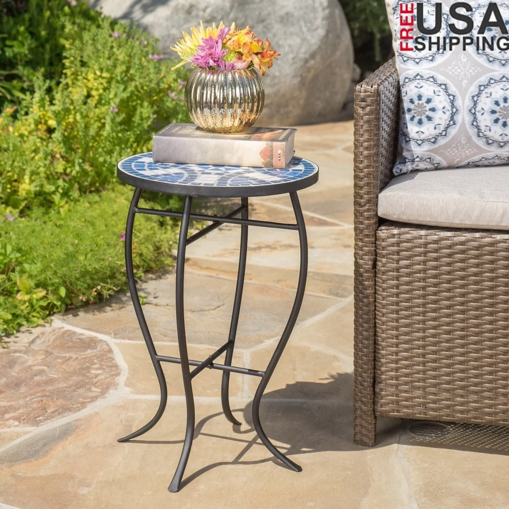 

Outdoor Ceramic Tile Accent Table Iron Frame Handcrafted Star Design Patio Decor 13.75x21.4 inches Blue White