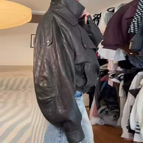 Fashion Cool Women Stand Collar Leather Jacket Long Sleeve Waist-cinching Short Coat 2025 Autumn New Female Trendy Streetwears