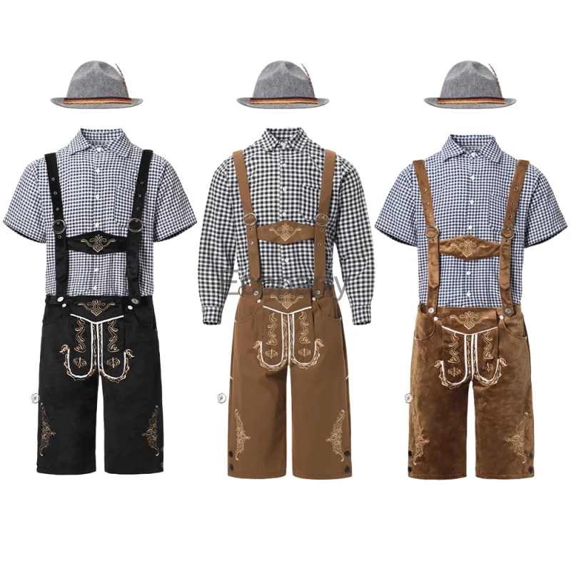 New German Oktoberfest Costume For Men Beer Lederhosen Top Suspenders Shorts Hat Set Male Tradition Bavarian Party Outfits