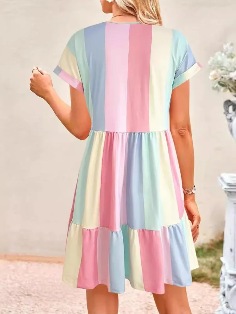 ฤดูร้อนสบายๆ Boho ชุดมินิผู้หญิง 2025 ใหม่แฟชั่น Elegant V คอแขนสั้น Beach Holiday สีสีสันพิมพ์ชุด