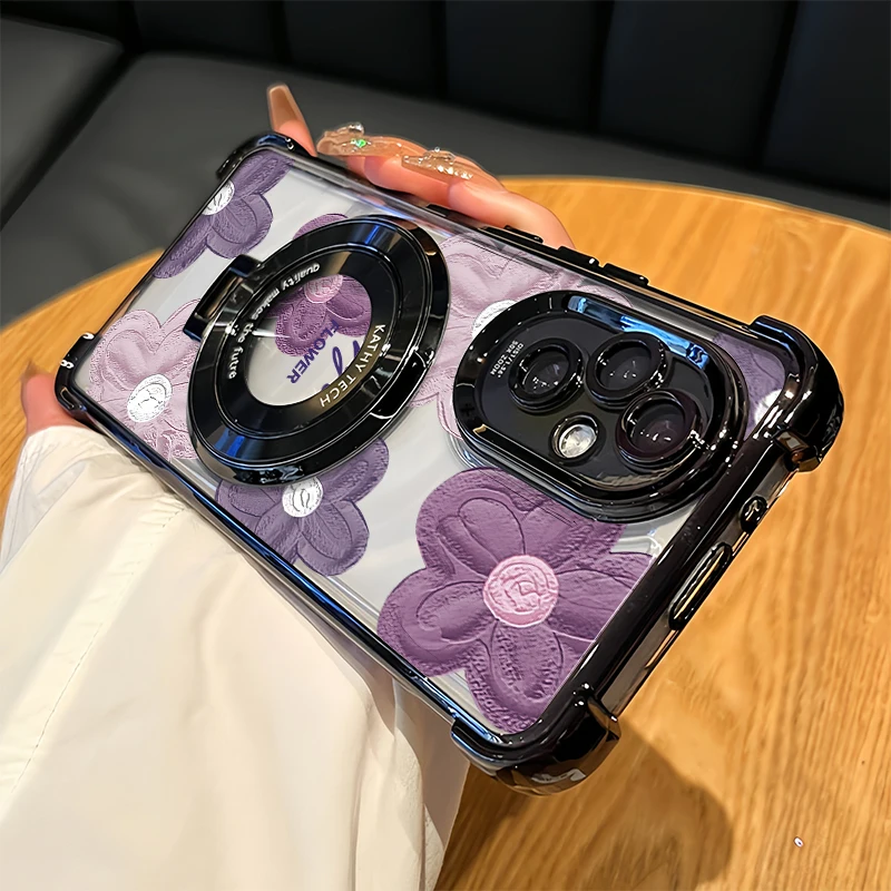 Flower Floral Print Phone Case For OPPO Reno 10 Pro 8T 6 Lite 4 5 Pro 8Z 7Z 7 Holder Stand Plating Shockproof Clear Soft Cover