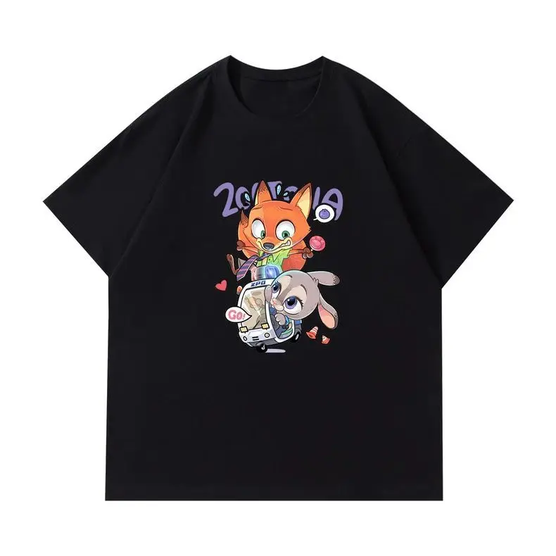 Zootopia شخصيات كرتونية نيك وجودي طباعة 2025 صيف جديد فضفاض القطن تي شيرت الرجال الشارع موضة عادية أنيمي تيز #2