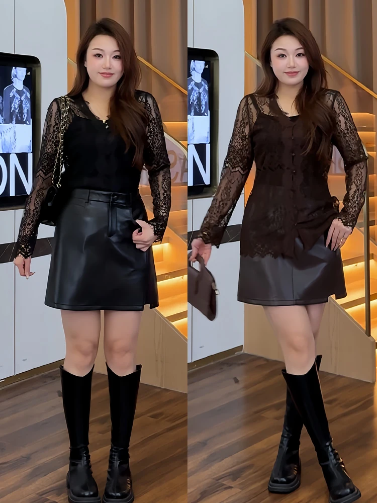 

Зимний модный комплект: женская юбка-трапеция с кружевными вставками и блузка с длинным рукавом и V-образным вырезом, корейский стиль, высокая талия