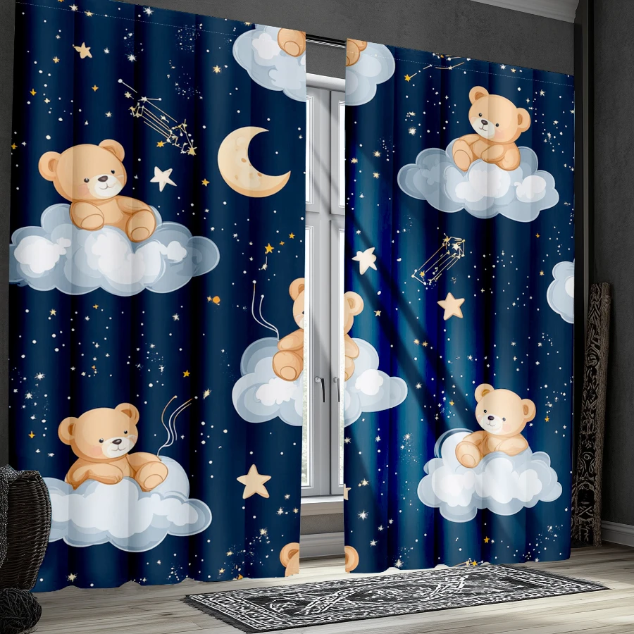 2PCS Digital Print  Curtain, Nebula Little Bear, Bohemian Style  Curtain Panel for Home Living Room Bedroom Decor