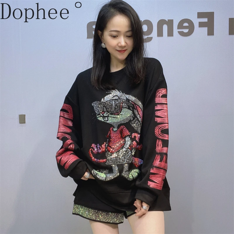 New Autumn Winter Loose O-neck Pullover Top All-match Women Space Cotton Hoodie Cartoon Hot Drilling Long Sleeve Sweatshirt