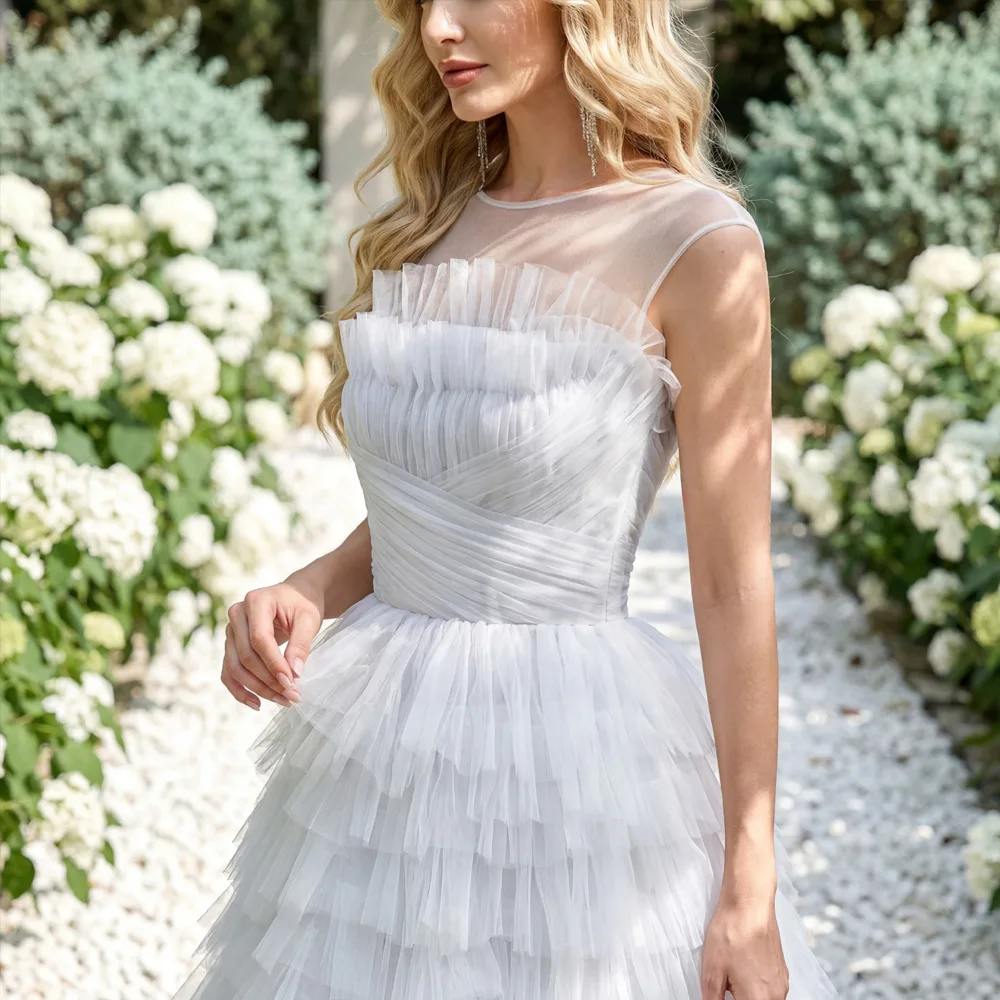 White Tiered Ruffle Tulle Mini Wedding Dress Women Illusion Sheer Neck Sleeveless Knee Length Bridal Gown Short Prom Party Dress
