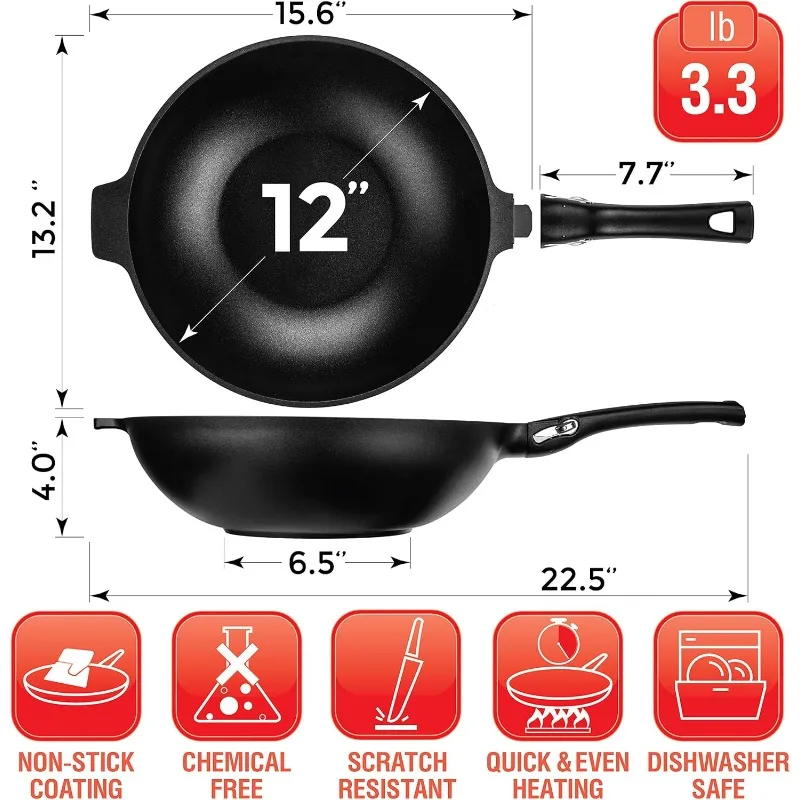 Aluminum Nonstick 12 inch Wok - Induction Compatible - Lightweight