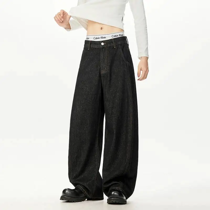 HKSH خريف جديد بسيط الرجال الدنيم السراويل بلون عادية التفكيك المرقعة واسعة الساق فضفاضة كل مباراة الجينز المد HK12102