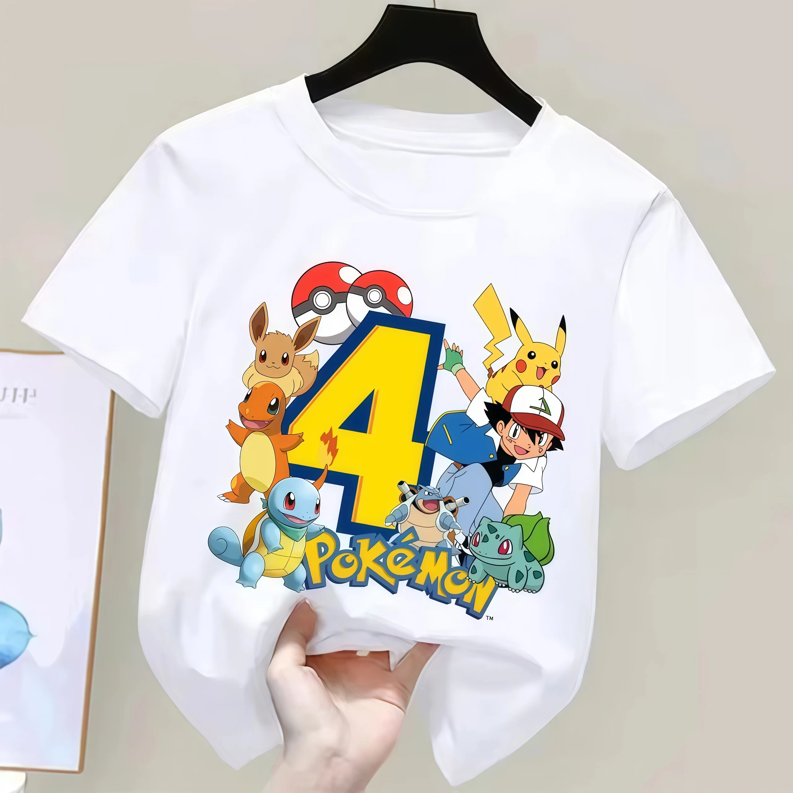 2026 Pikachu Kinder T-Shirts mit Geburtstagsnummer 1-9 Bedruckt T-Shirt Jungen Mädchen Sommer Kurzarm Oberteile Kinderkleidung