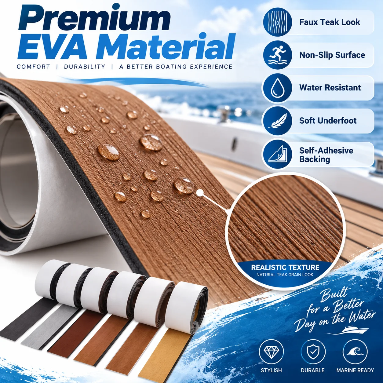 EVA Foam Boat Flooring 2400 X 57mm Faux Teak Self Adhesive Non Slip Deck Mat Strip for Motorboat Yacht RV Marine Interior Use