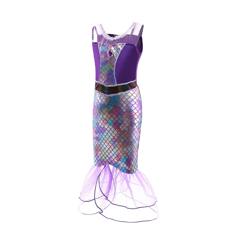 Mermaid Sequin Mesh Gown Girls Cosplay Princess Dress Kids Ariel Birthday Halloween Event Party Sleeveless Elegant Costume