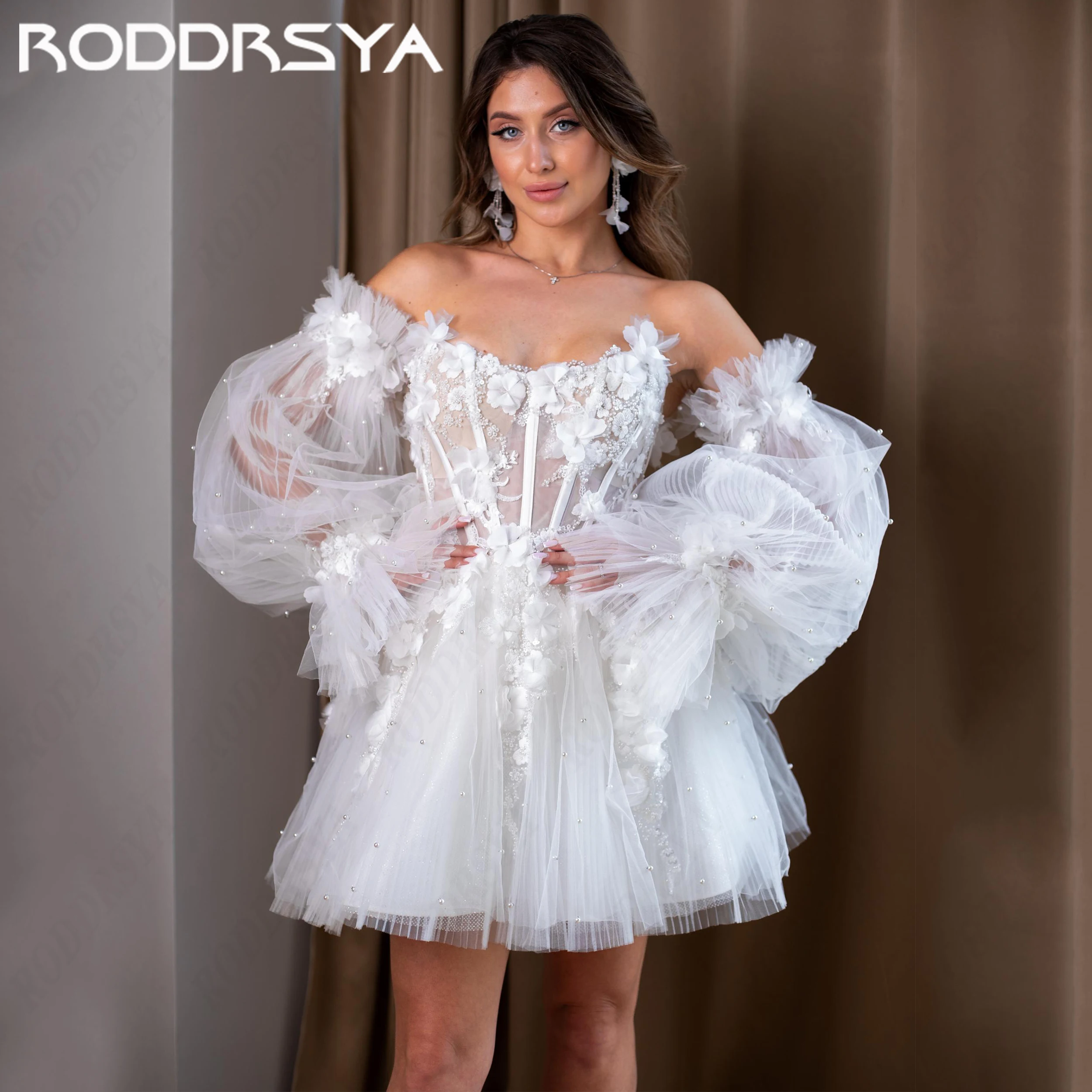 RODDRSYA Short Beaded Lace Wedding Dresses Bride Custom Made Illusion Corset 3D Flowers Mini Bridal Dress Removable Puff Sleeves
