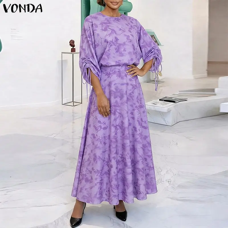 

Summer Spring Women Plus Size Sets VONDA Drawstring Sleeve Floral Print O Neck Tops Long Skirts Two-piece Outfits Fashion 2PCS