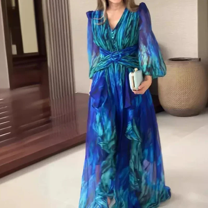 فستان نسائي أنيق متقاطع الخصر للحفلات المسائية أنيق برقبة على شكل حرف V وأكمام طويلة فستان ماكسي شيفون برسومات كلاسيكية فرنسية #2