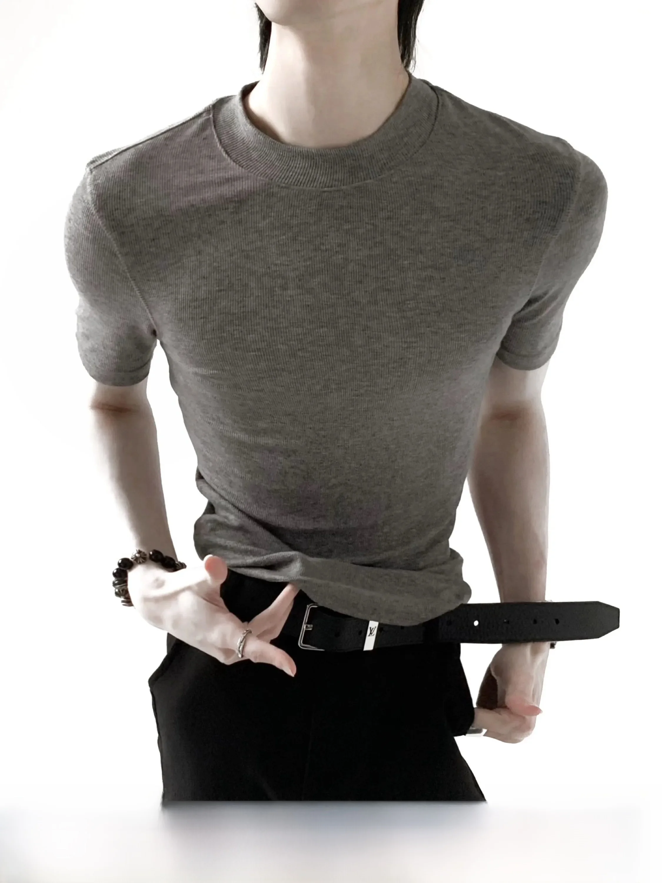 Cooling Wool Slim Fit Short Sleeve Knitted T-Shirt Men's Fitness Wear Breathable Comfortable round Neck Top Clean Fit Style