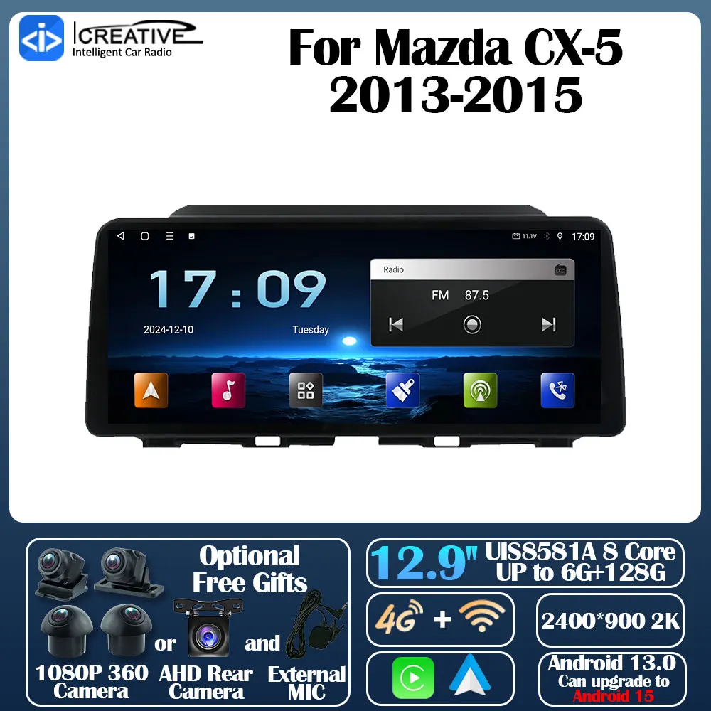 Android 13 Car Radio For Mazda CX-5 2013-2015 12.9inch Carplay Autoradio Auto GPS Navi  Multimedia Player Stereo DVD All-in-One