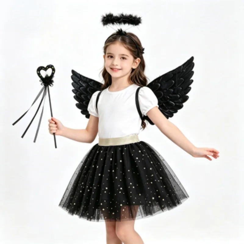 Girl Halloween Costume Set,  Black Shiny Star Sequin Tulle Midi Skirt,  Kids Princess Short Skirt for Party Dance Performance