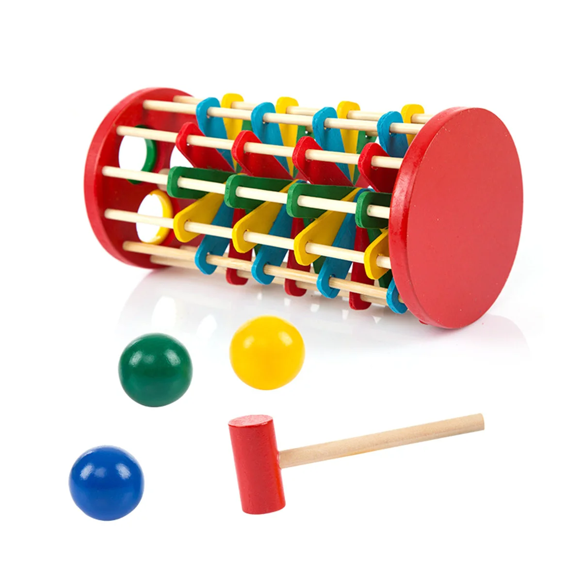 

Pound Ball Off Wooden Tower Knock Hammer Set Bright Color Size Differentiation Kids Educational Development Hand Eye