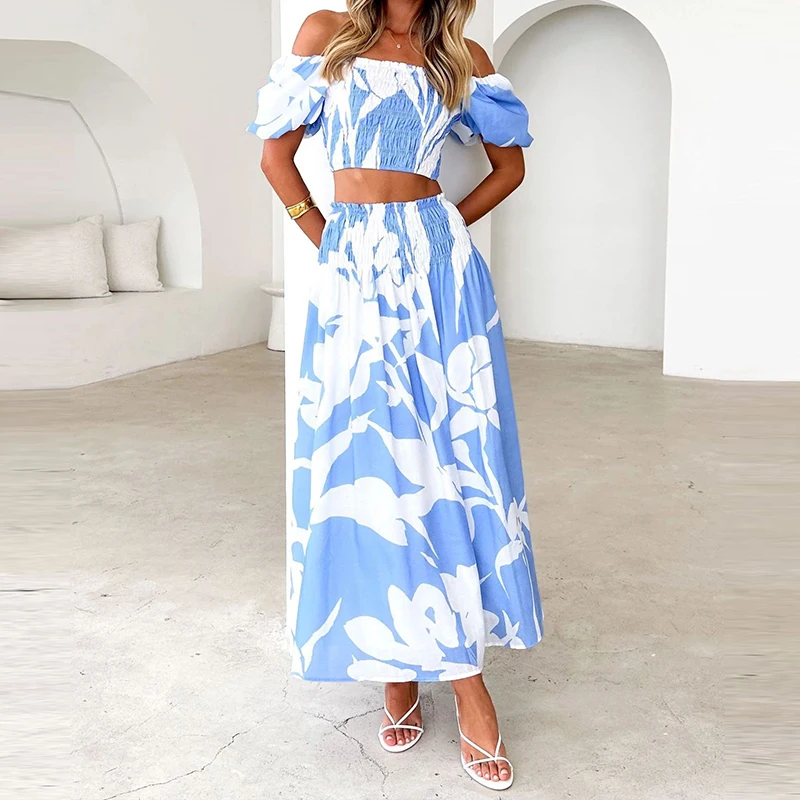 

Fashion Plant Floral Print Long Skirt Outfits Women Elegant Pleated Skirt Suits Sexy Off Shoulder Short Sleeve Tops & Skirt Set