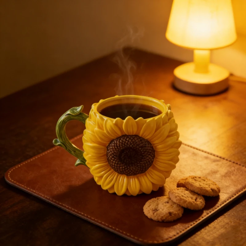 Sunflower Ceramic Coffee Mug - 3D Floral Novelty Cup, Yellow Decorative Mug for Home Office & Gift Use view 5
