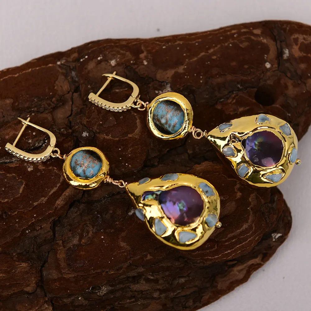 G-G B018 Cultured Black Pearl Teardrop Shape Blue Larimar Paved Murano Glass Dangle Earrings Boho Jewelry