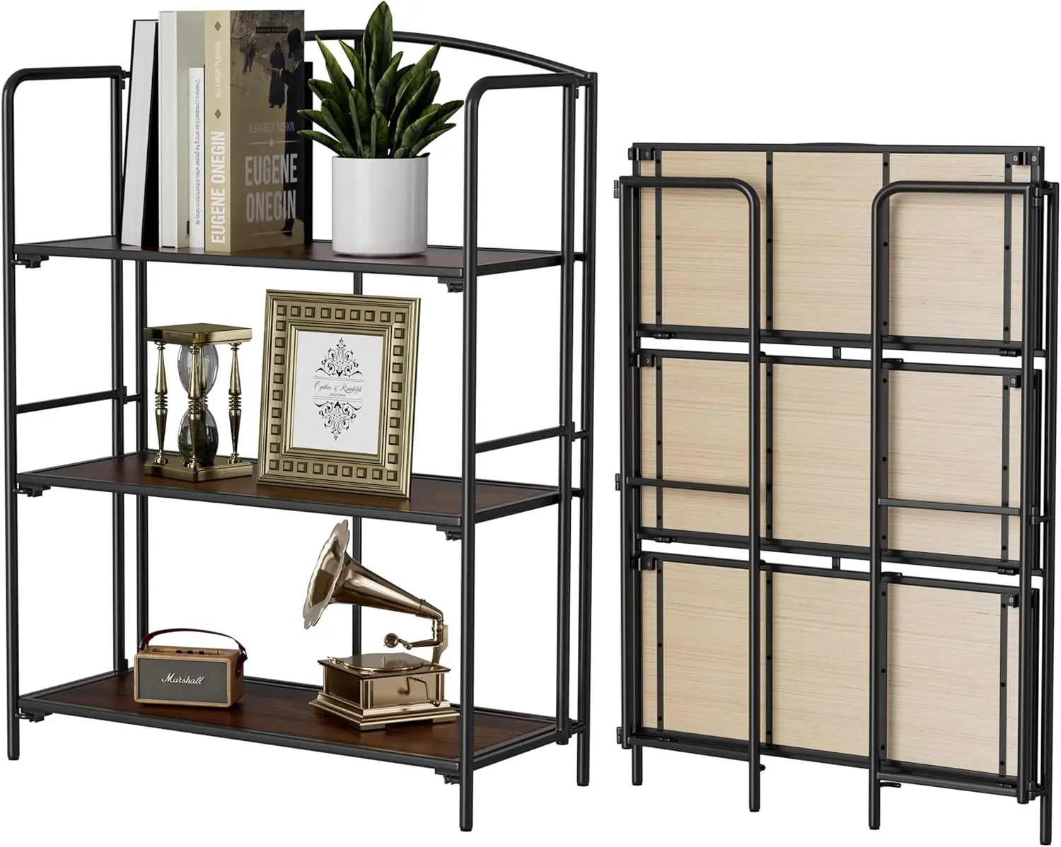 

3 Tier Black Bookshelf, Metal Book Shelf for Storage, Folding Bookcase for Office Organization and Storage