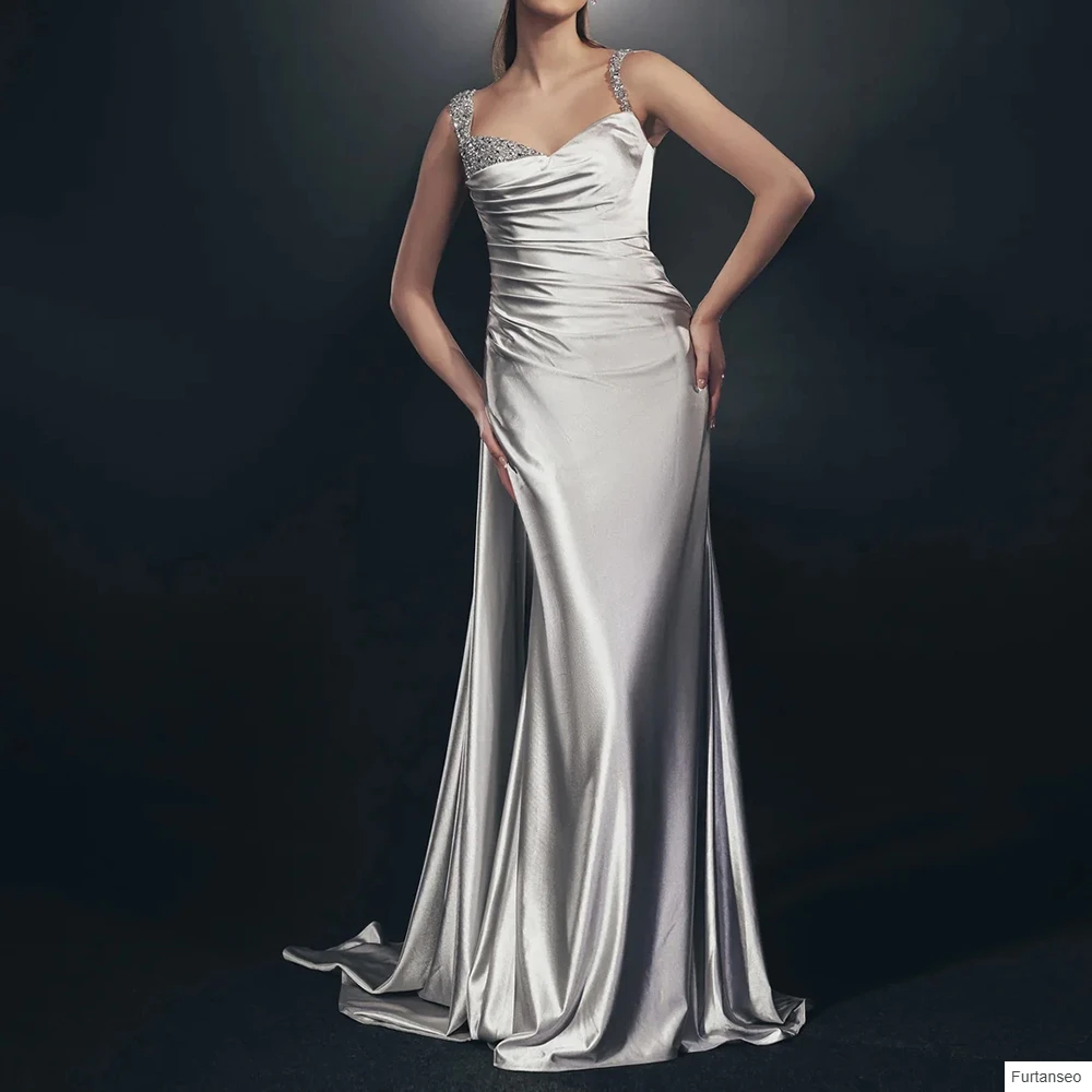 

Mermaid Women's Evening Dresses Floor-length V-neck Sleeveless Prom Gown Fashion Crystal Simple Draped Backless Customized Gowns