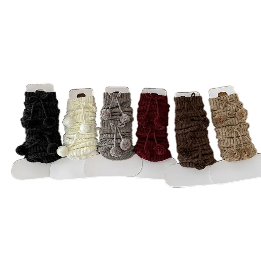 

Winter Women Leg Warmers Hosiery Solid Color Mid-Calf Sock Knitted Bow Pompom Pile Sock Middle Tube Socks Harajuku Boot Covers