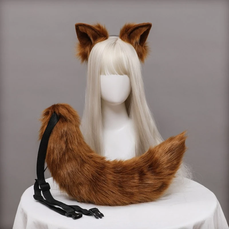 2Pcs/set Plush Cat Ears Tail Furry Fursuit Lolita Headband Cat Tail Cosplay Accessories Hand-made Simulation Animal Ear Headwear