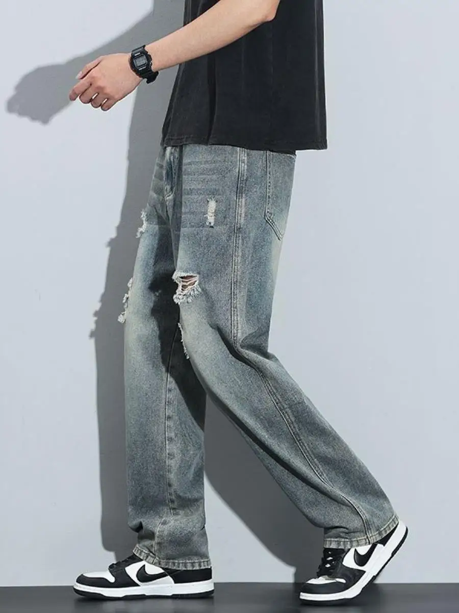 

Retro American Men's High Street Denim Jeans Waed Straight Leg Loose Casual Trousers Autumn Faion Bright Tead Details