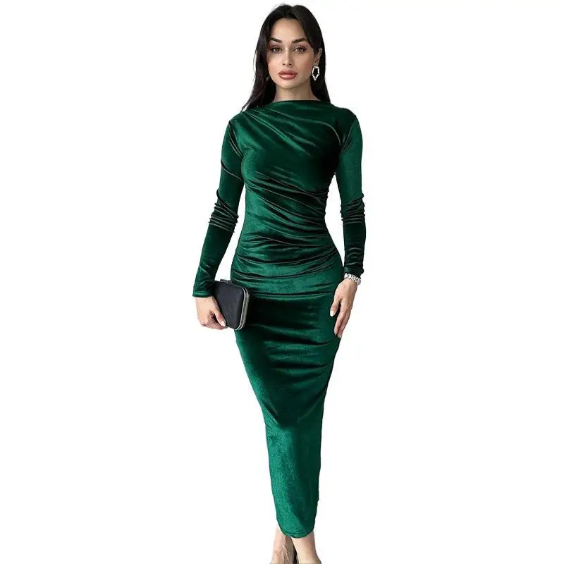 2024 Autumn and Winter Fashionable Solid Color Slim Fit Dress with Pleated Round Neck Long Sleeved Dress Maxi Dresses for Women