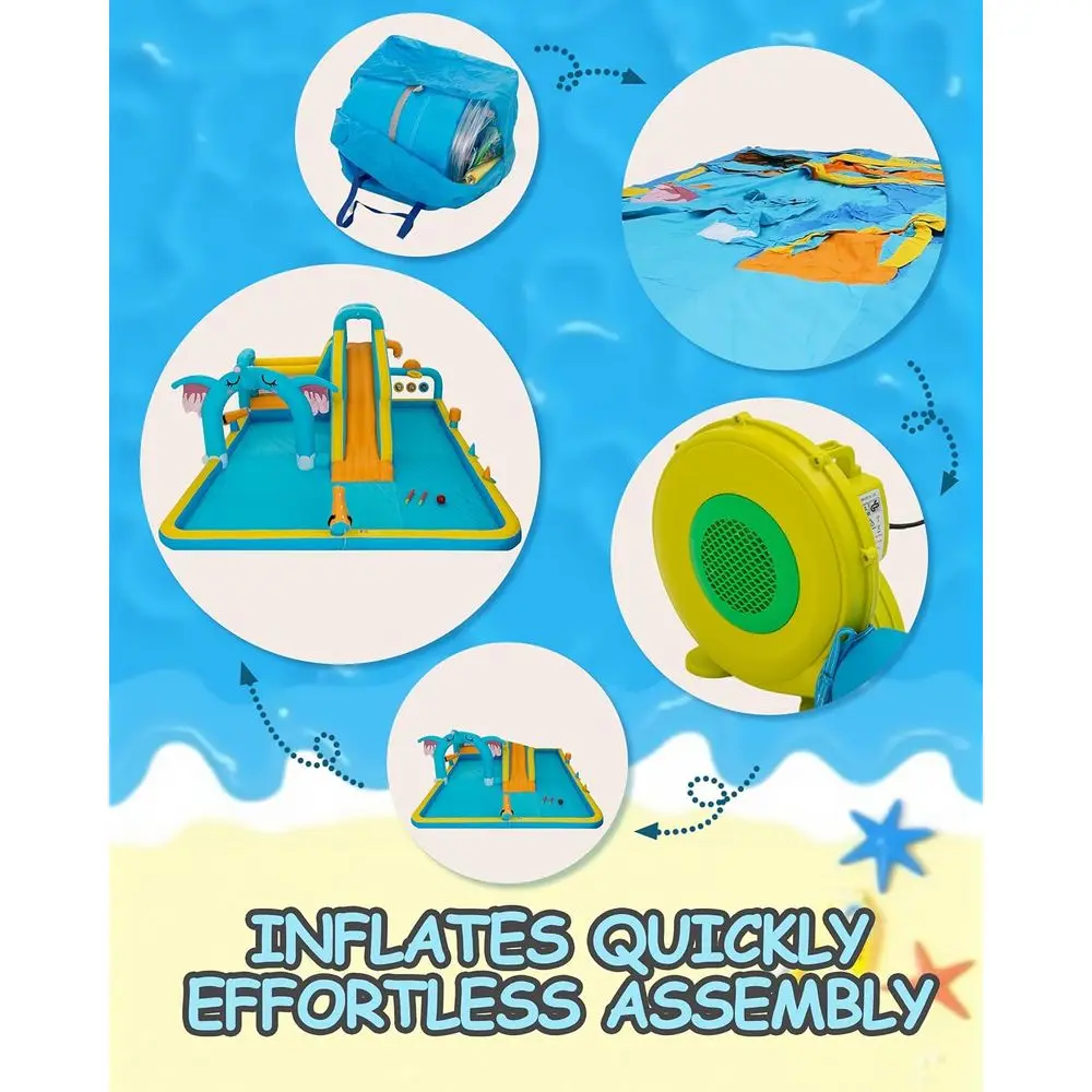 منزلق مائي قابل للاستخدام للأطفال، حديقة مائية على شكل فيل في الفناء الخلفي للصيف مع حمام سباحة كبير وشرائح طويلة، منزل ترتد Iatable، تسلق