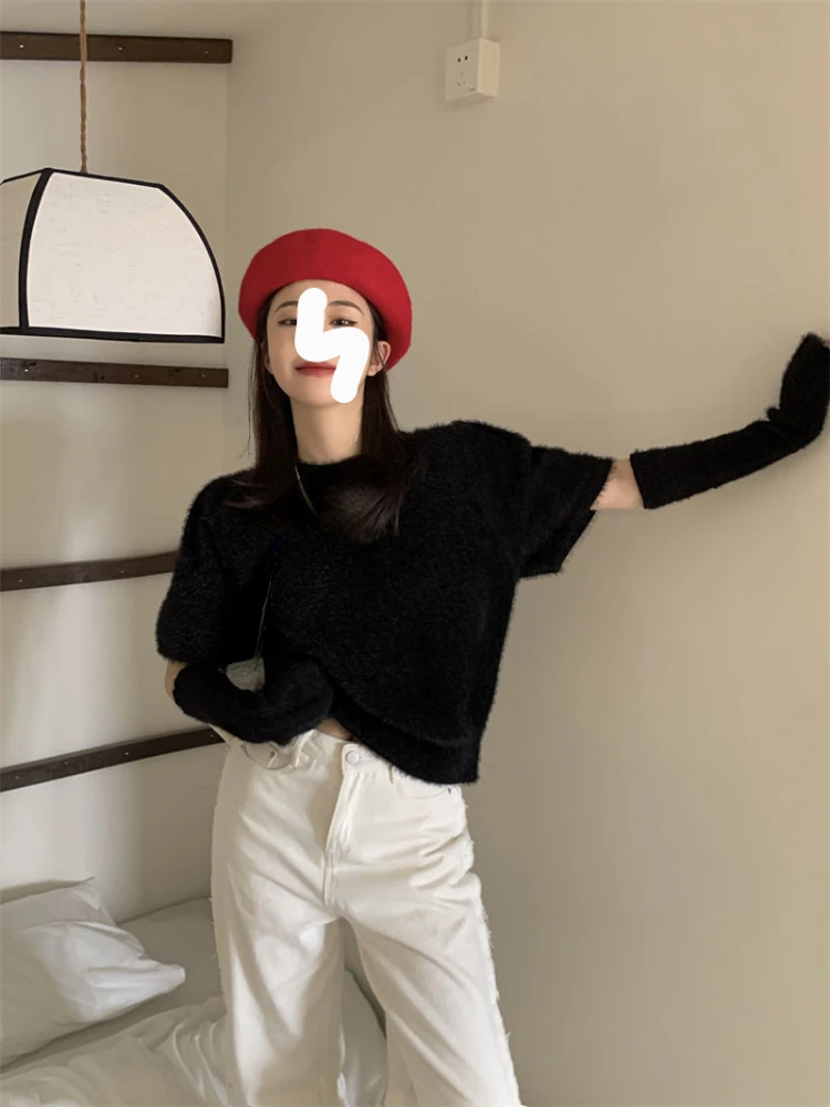 2022 Spring Casual Knitted Sweater Women Korean Y2k Crop Tops Female Solid Long Sleeve Pullover Elegant Streetwear Blouse Female