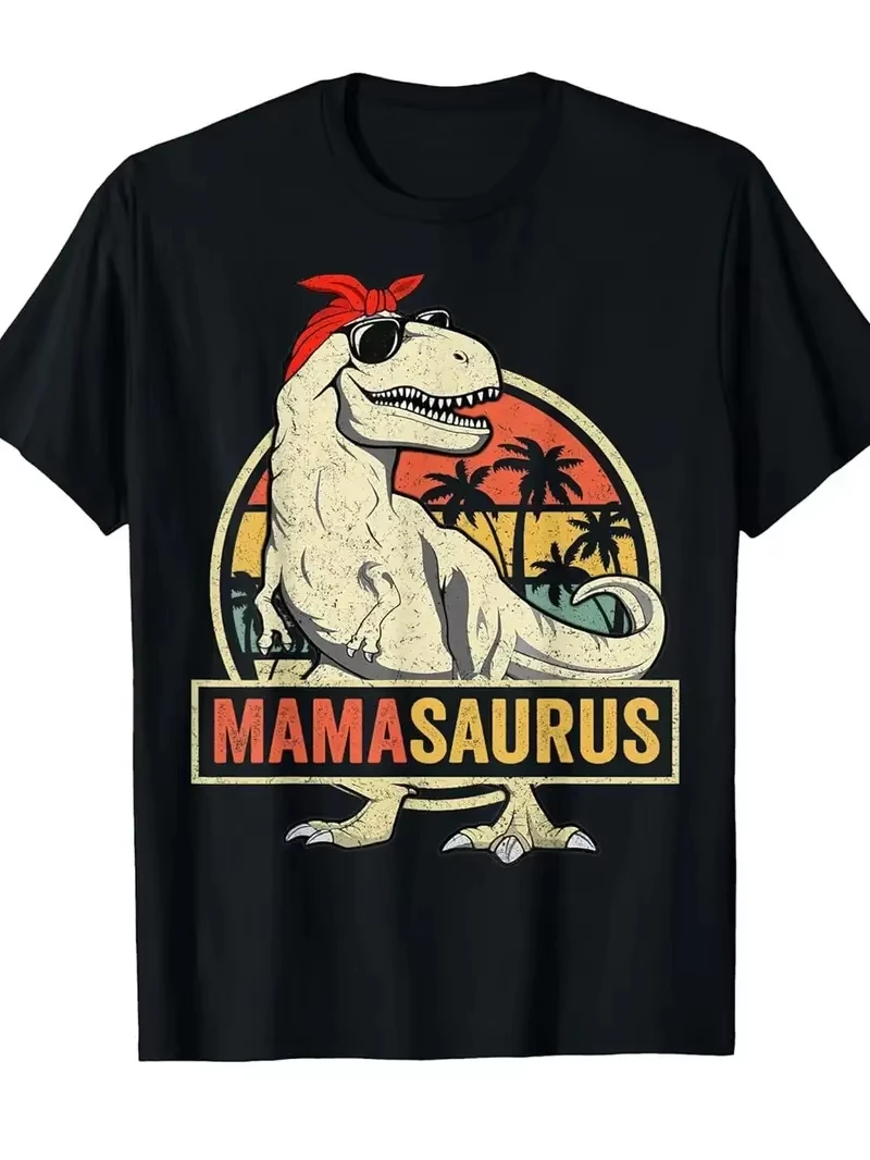 Funny MamaSaurus T-Rex Dinosaur Mom T-Shirt Retro Vintage Tee Soft Crew Neck Short Sleeve Shirt - Mother's Day Gifts for Women