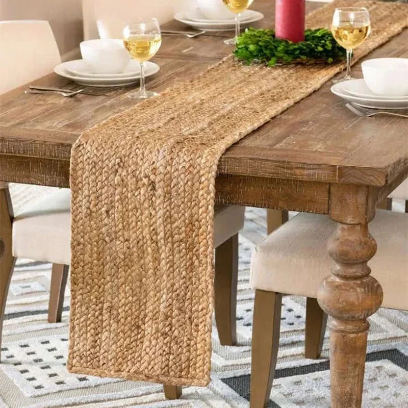Vintage Natural Jute Table Runner Hand Woven Striped Mat Farmhouse Tablecloth for Dining Table Wedding Boho French Home Decor
