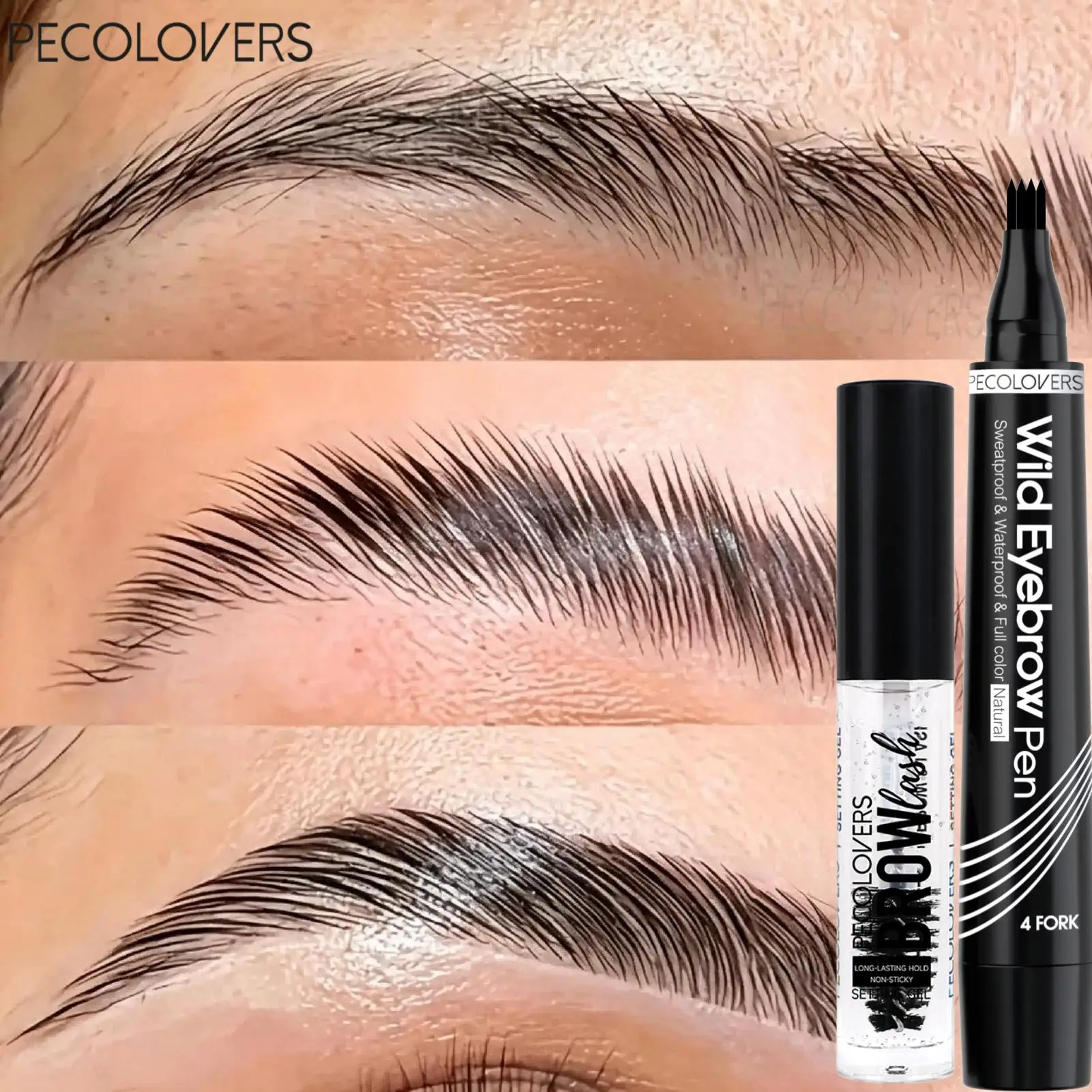 2PCS Beginner‑Friendly Wild Eyebrow Makeup Set, 4‑Fork Microblading Eyebrow Pen Plus Clear Brow Setting Gel
