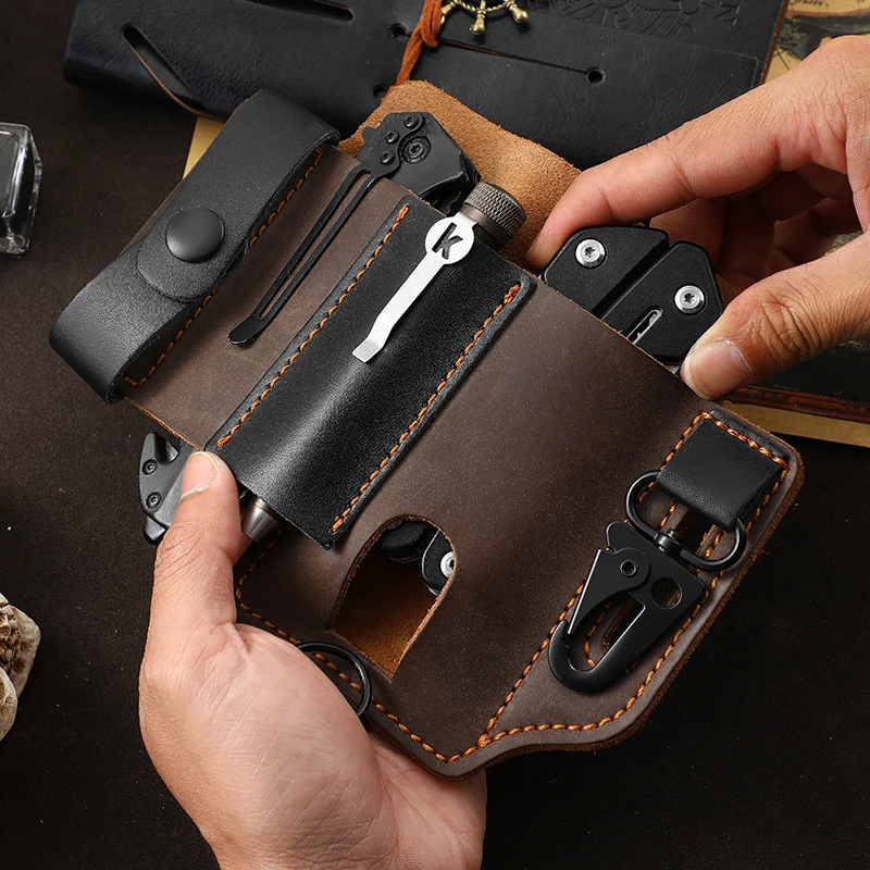 Genuine Cowhide Leather With Buckle Outdoor Portable Tactical Multifunction Belt Holster Pocket EDC Multitool Sheath Hunting Bag