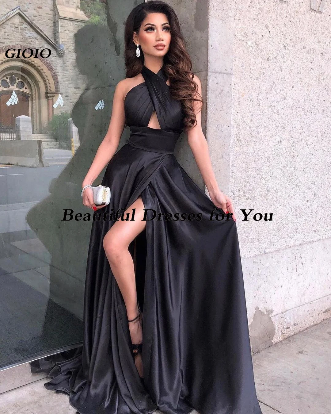 V-Neck Stain Vinatge Formal Evening Gowns Sleeveless Luxury  فساتين سهرة  Sweep Train Side Slit Elegant Prom Dresses Party Women