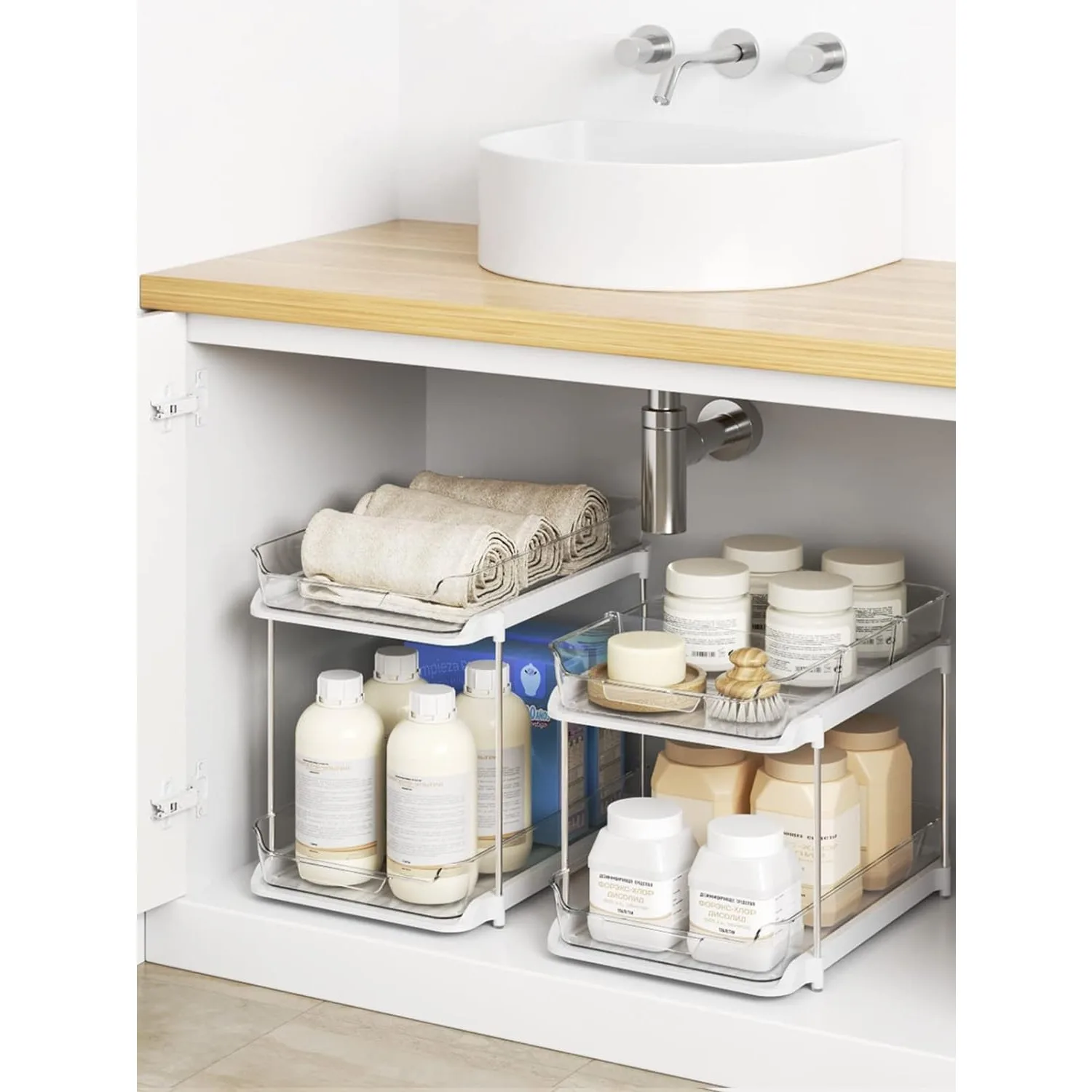 Delamu 2 Sets of 2-Tier Multi-Purpose Bathroom Under Sink Organizers and Storage, Stackable Kitchen Pantry Organization