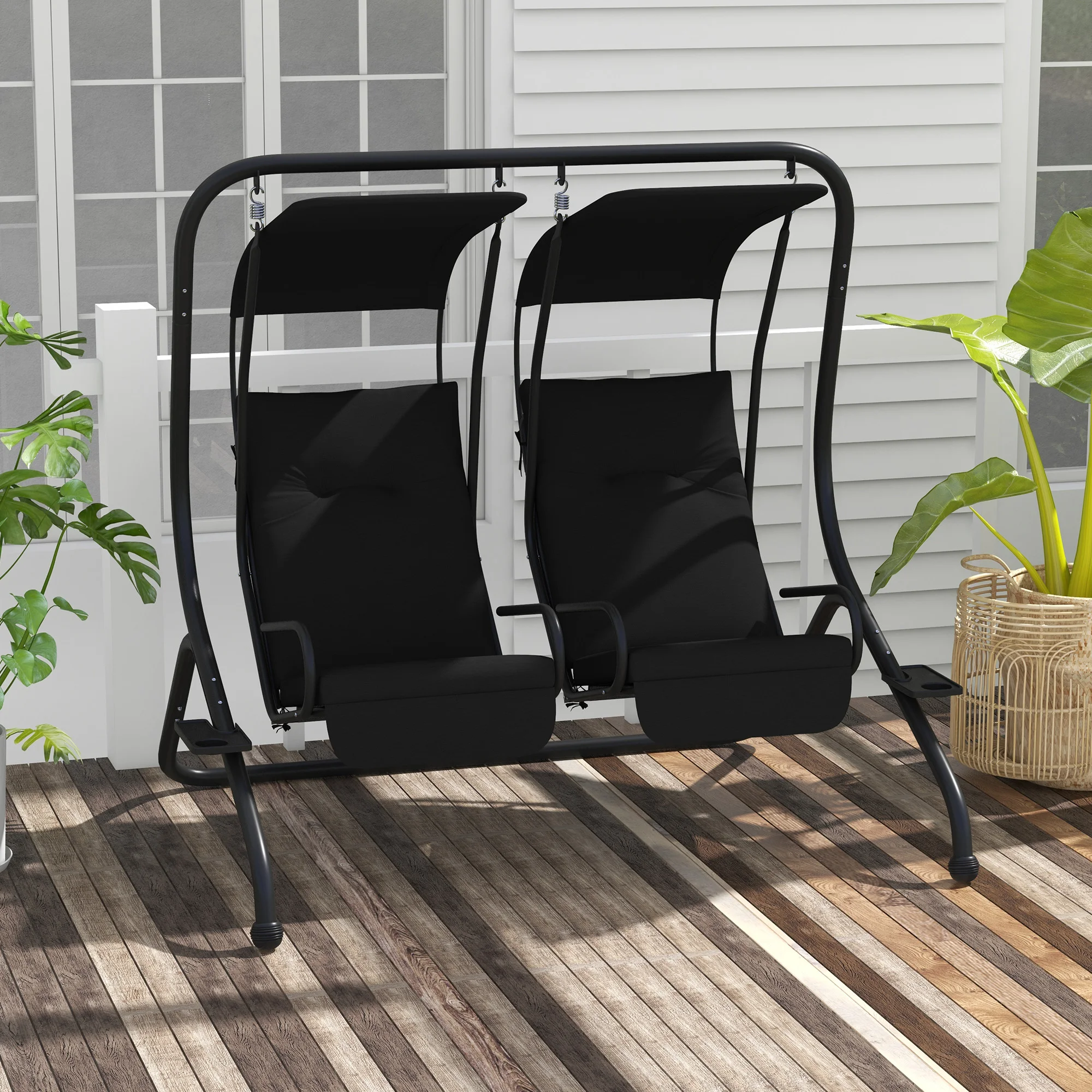 2-Seater Outdoor Patio Swing Chair W/ Removable Canopy & Cup Holder, Black