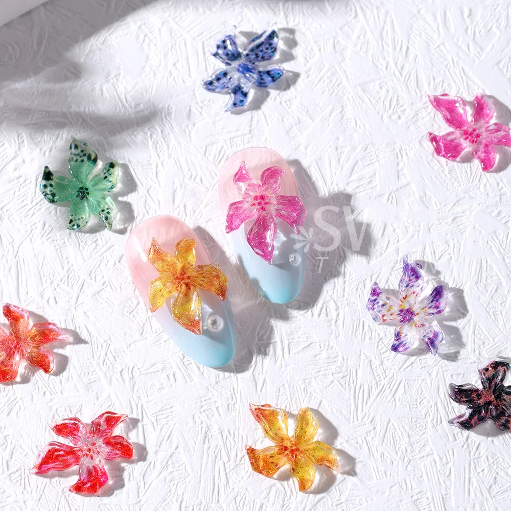 SWEET TREND-100pcs Hawaiian Flower 3D Nail Decoration Gradient Cherry Blossom Lily Flower Nail Charms for Manicure Accessories
