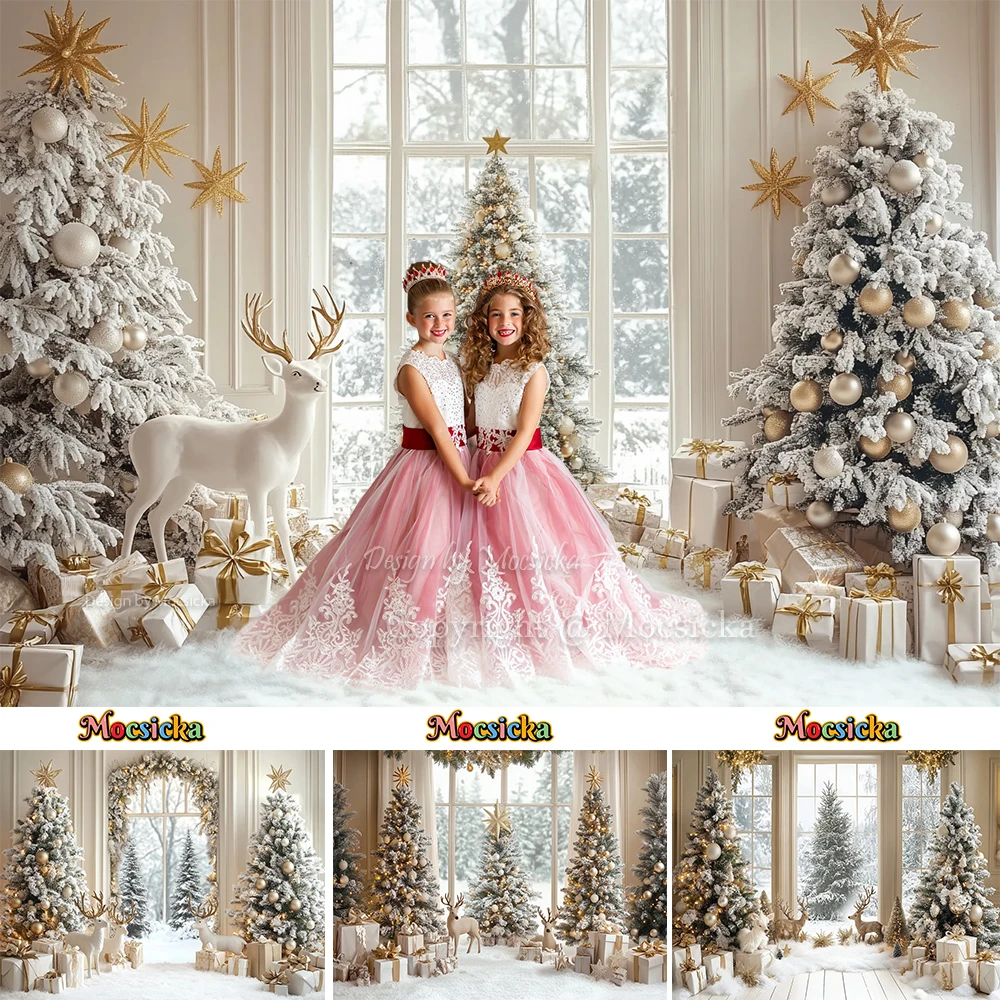 Mocsicka Christmas Room Photography Background Gold Xmas Tree Window Gift Elk Backdrop Decor Girl Child Birthday Photo Studio