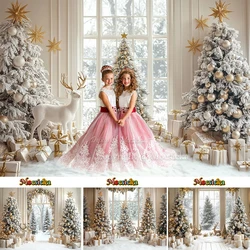 Mocsicka Christmas Room Photography Background Gold Xmas Tree Window Gift Elk Backdrop Decor Girl Child Birthday Photo Studio