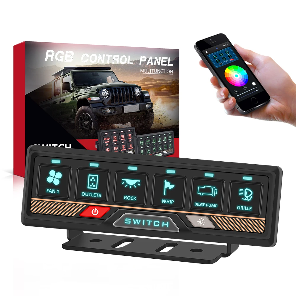 

Custom 6 Gang Backlit Switch Panel with APP Control for UTV ATV Car Truck Boat Offroad 12V Power Control Switch Panel