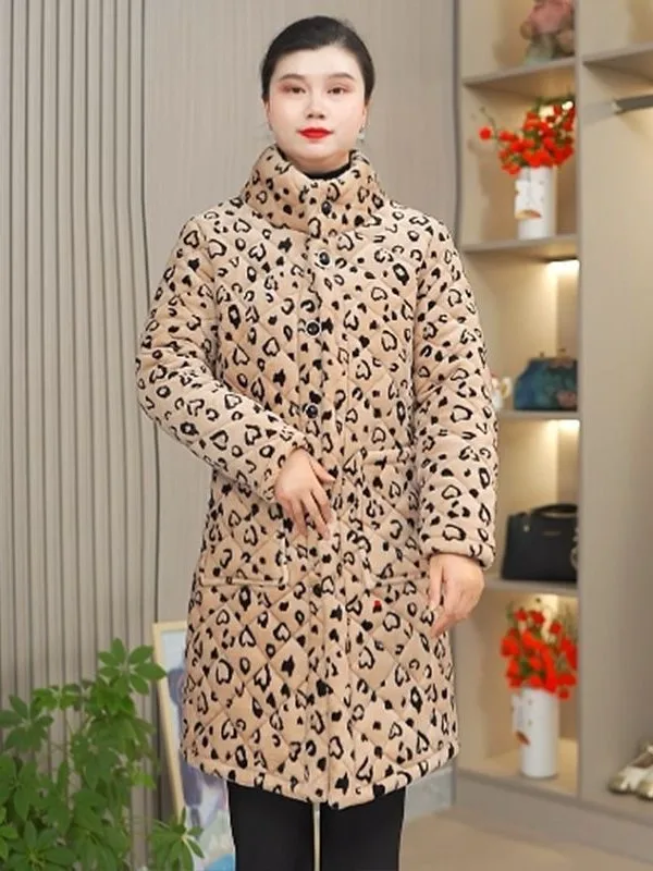 

Thiened Fce Lined Slim Fit Long Cotton Jaet Mid-Length Stand Collar Warm Youthful Design for Middle-Aged And ly W...