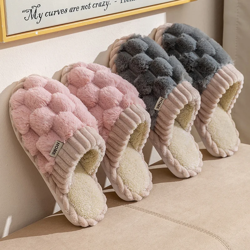 Fashion Couple Winter Toe Wrap Warm Plaid Cotton Slippers Thick Soft Sole Slides Men Women Indoor Floor Flat Home Non-slip Shoes