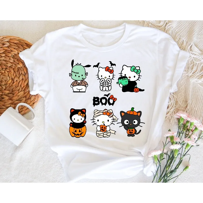 

New MINISO Hello Kitty Halloween 3D Printed Short-sleeved Fashionable Casual Sanrio Family Series Halloween Horror T-shirt