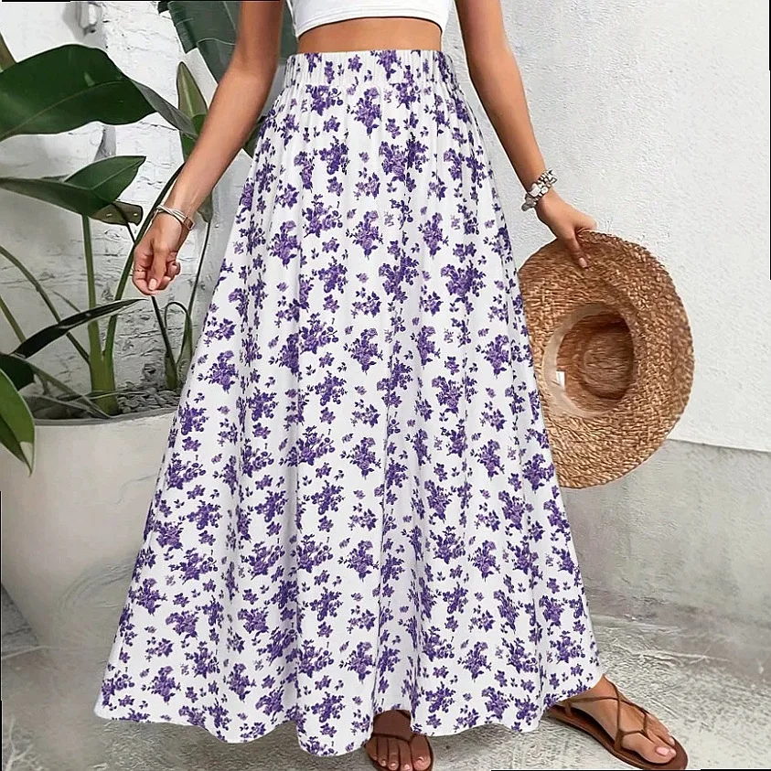 Women's Floral Print Bohemian Midi Skirt High Waist A-Line Skirts Summer Beach Maxi Skirt