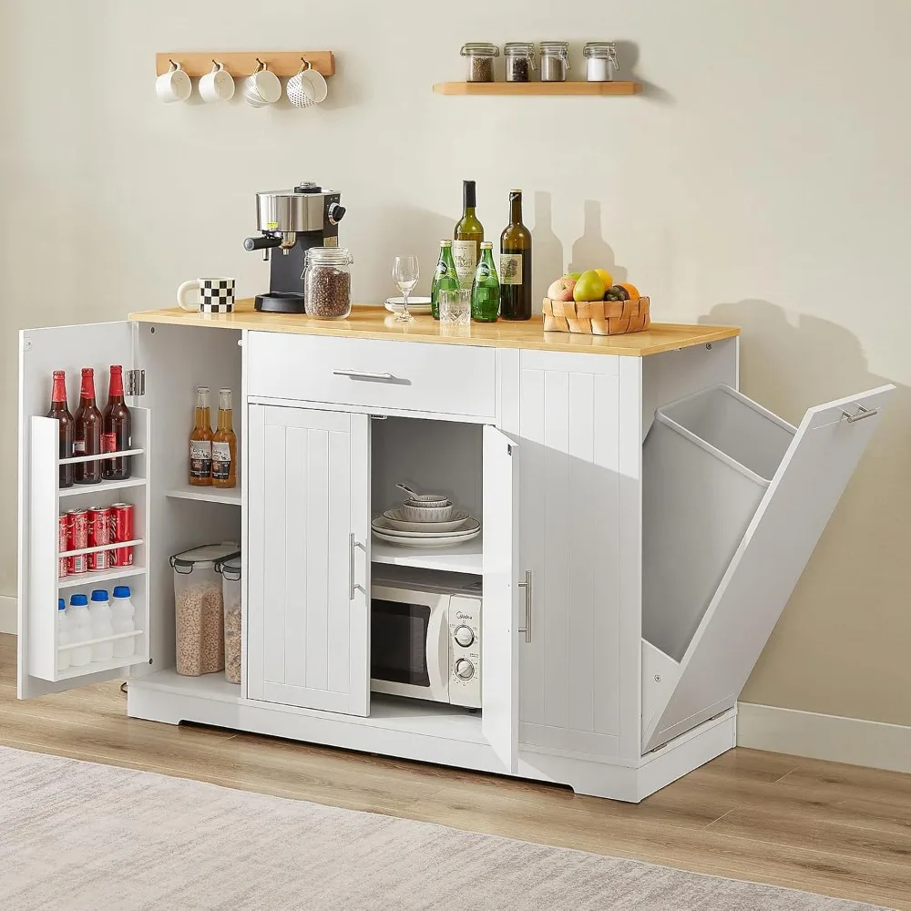 Farmhouse Style 53-Inch Mobile Kitchen Island with Storage, Drawers, and Built-in Trash Bin, featuring a Butcher Block Top for F