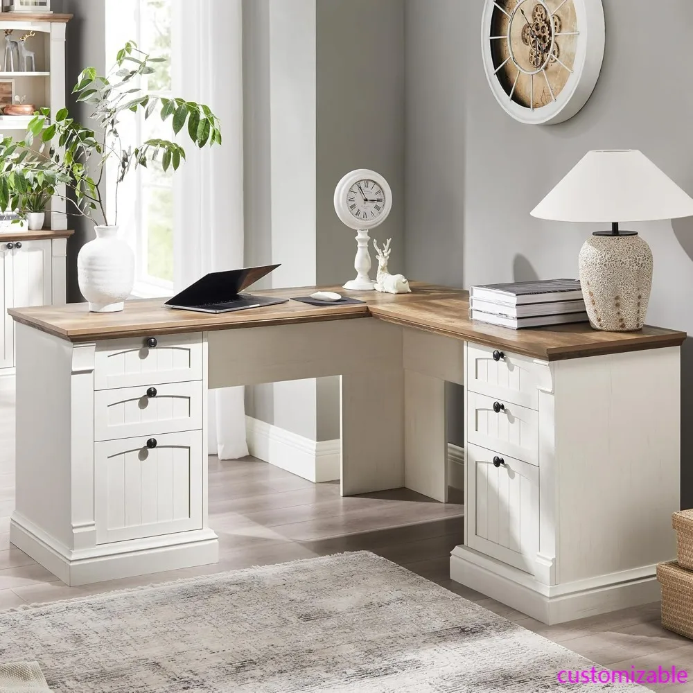 

60-дюймовый L-образный стол для руководителя, стол для домашнего офиса в стиле фермерского дома с зарядным портом, ящиком для хранения и картотеки, деревянный стол